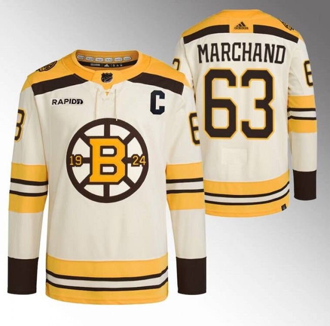 Men's Boston Bruins #63 Brad Marchand Cream With Rapid7 Patch 100th Anniversary Stitched Jersey